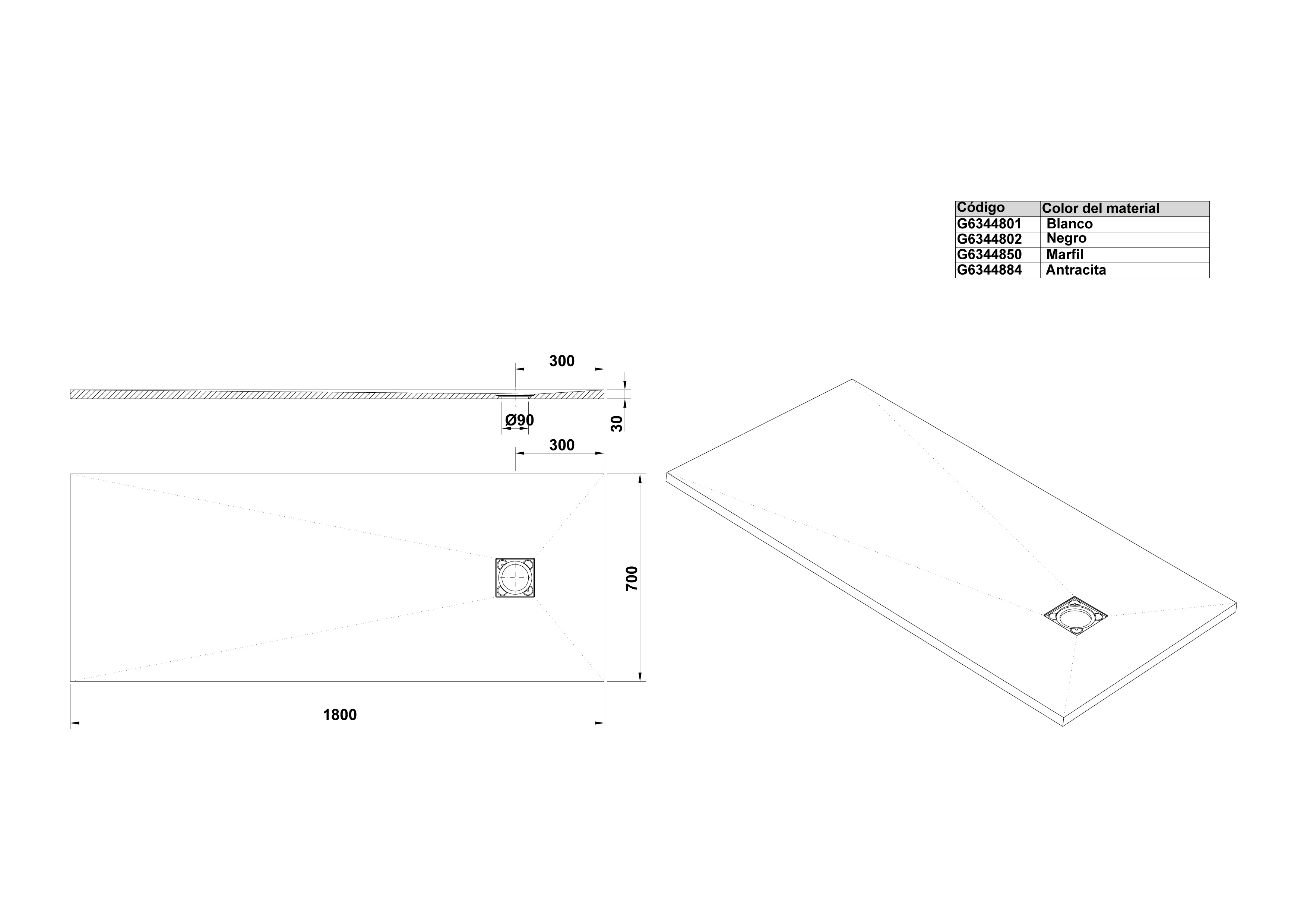 Rectangular shower tray 180x70